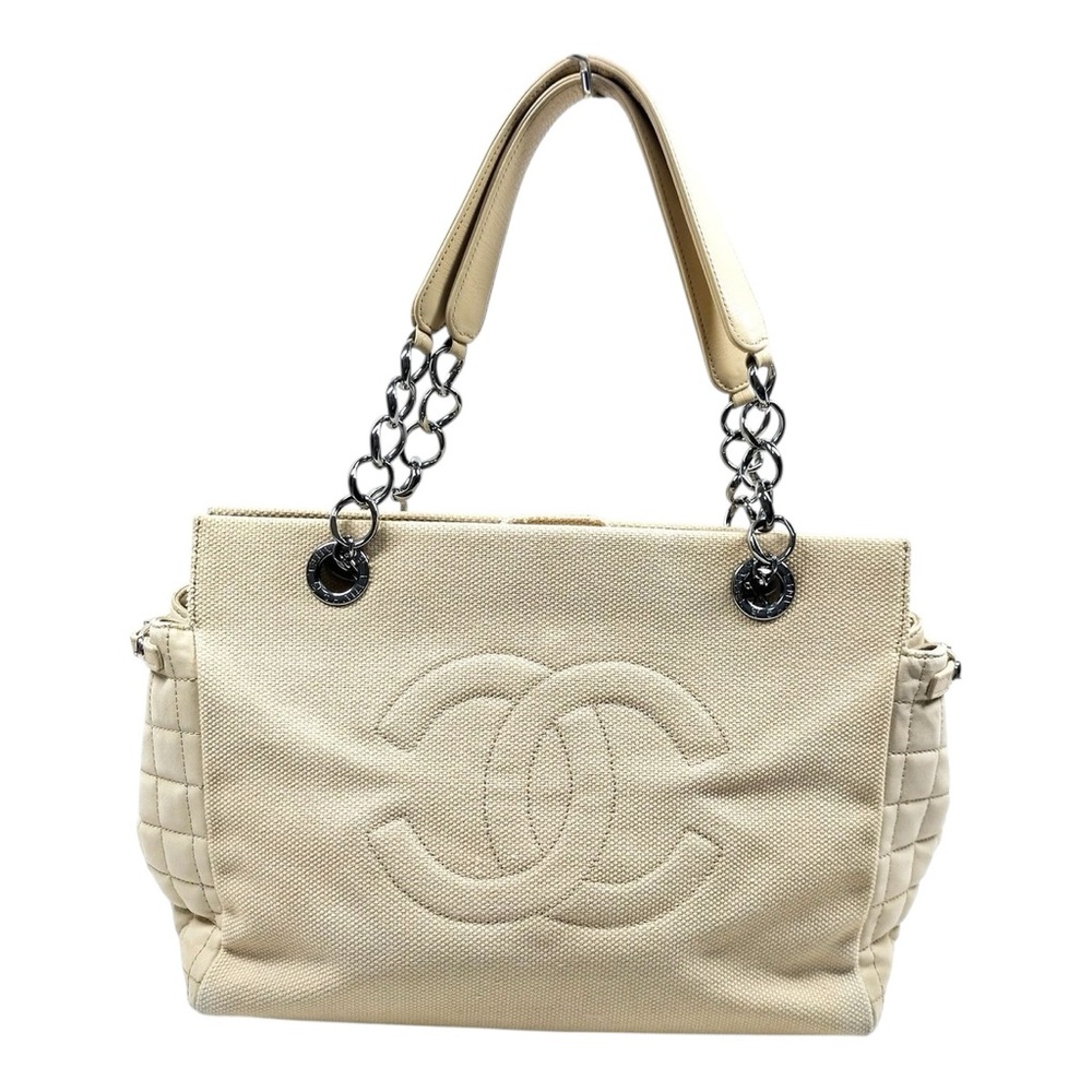 Chanel Chocolate Bar Cabas Net Beige Kaki Canvas & Quilted Leather Tote Bag
